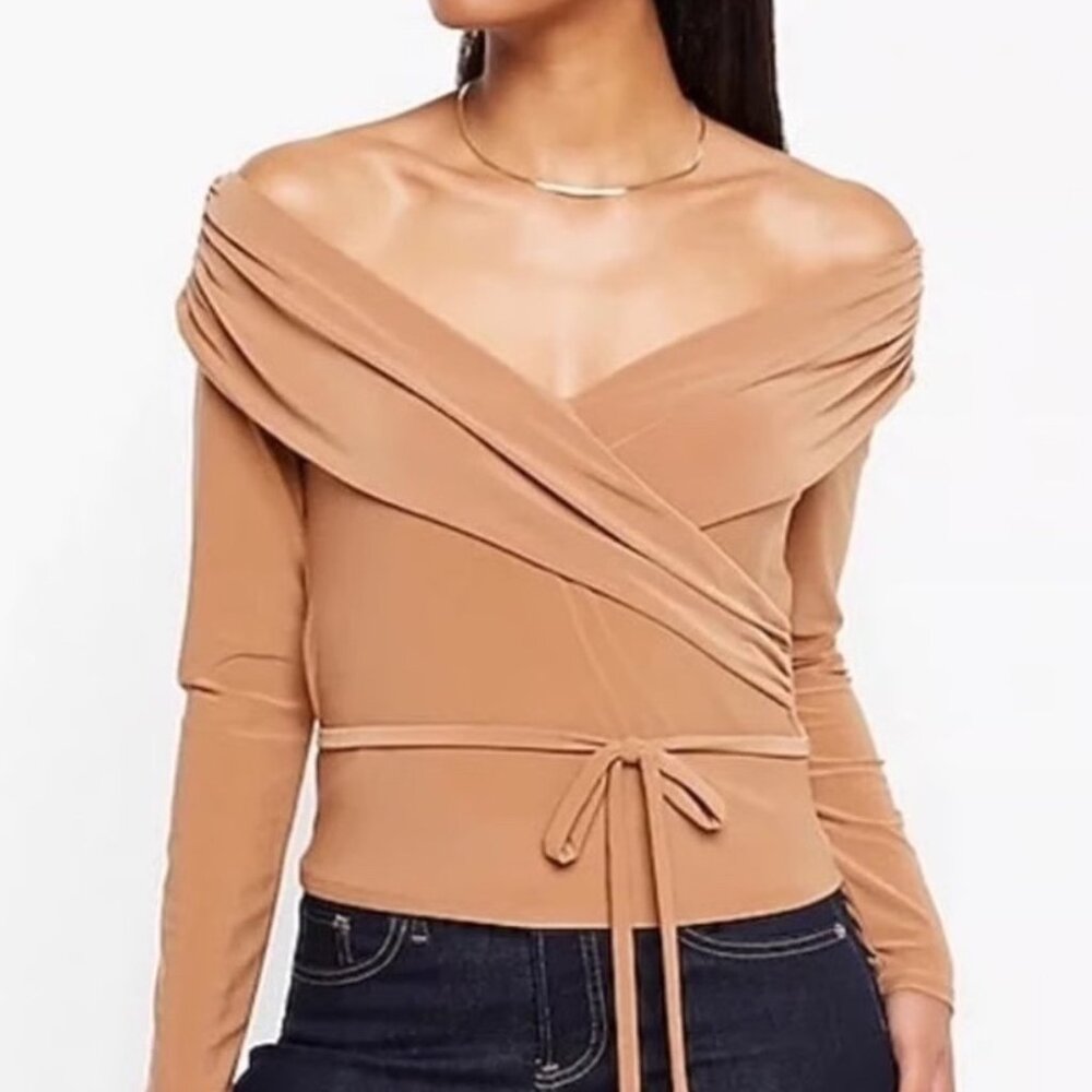 Express Tan Long Sleeve Off Shoulder Wrap Top Size Large NWT